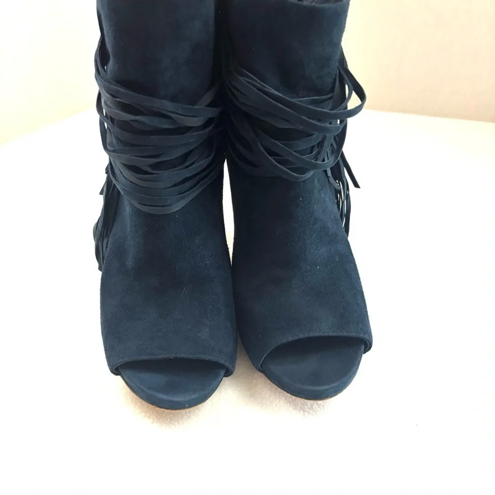 Vince Camuto‎ Navy Suede Leather Fringe Stiletto Heel Open Toe Booties (8)